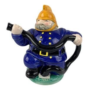 J. Luber By Roy Simpson Vintage Blue Fireman Yellow Hat Teapot 9L x 5W x 8.5H